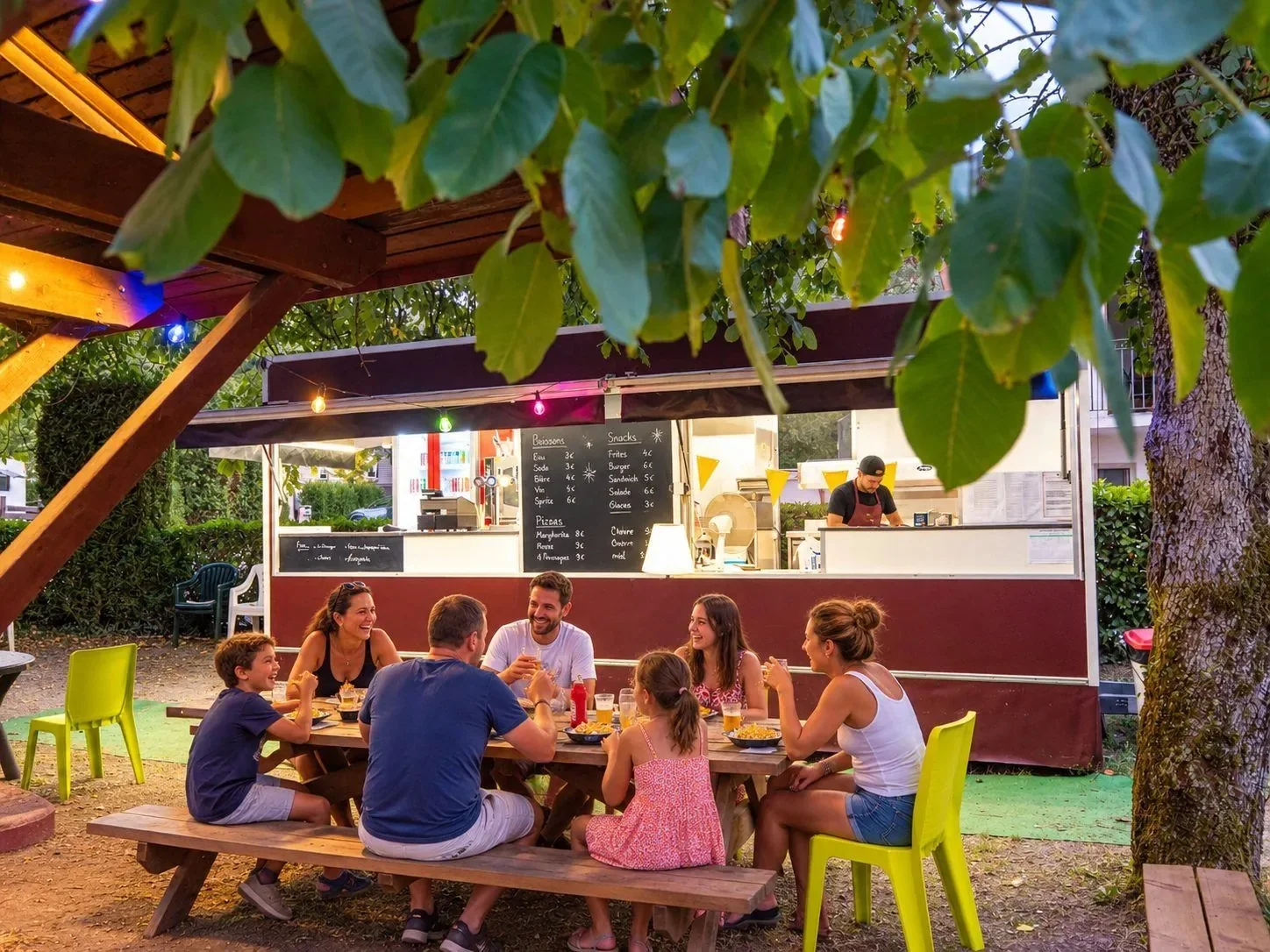 Repas en famille sur la terrasse du Camping des Neiges, devant le food truck